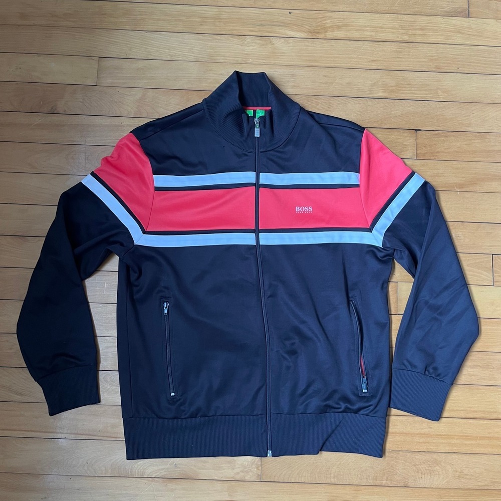 Hugo Boss Green Label Mens Track Jacket Navy Blue Red Stripe Full Zip Size XL